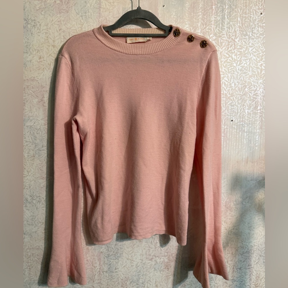 Tory Burch Kimberly merino wool sweater featuring embellished flare cuffs. S/P